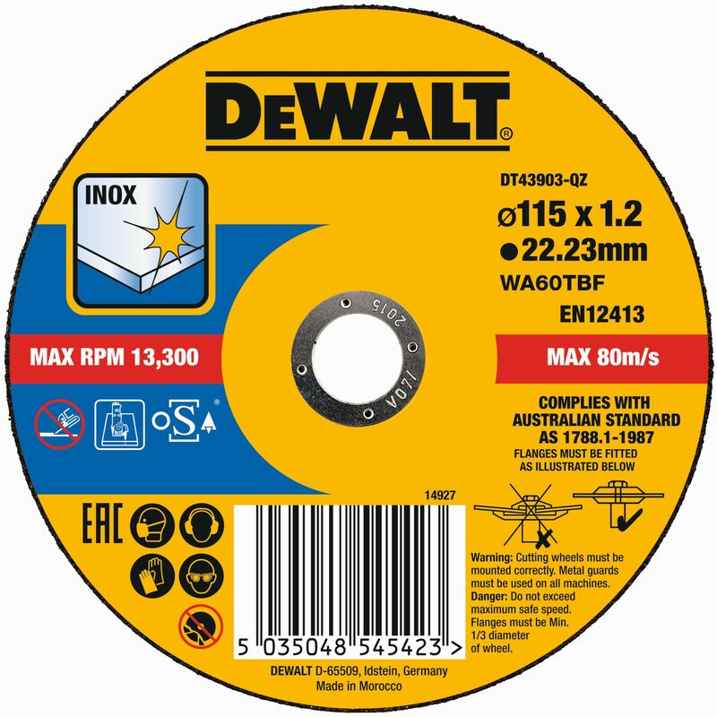 

Dewalt DT43903-QZ Disco de corte plano INOX con grano profesional de óxido de aluminio Thin Cut 115 x 1.2 x 22.23mm