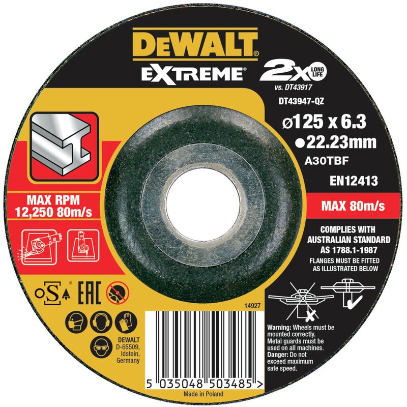 

DT43947-QZ Disco de desbaste concavo EXTREME® para metal con grano industrial de óxido de alumínio 125 x 6.3 x 22.23mm - Dewalt