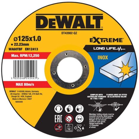 Dewalt – Disque à tronçonner 125mm – Épaisseur 1mm – Pour acier inoxydable – Fibre de verre renforcée – Lot de 1 pièce