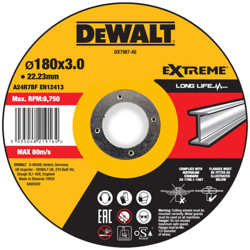 Disque à tronçonner Dewalt extreme 180x3x22 23mm métal type 42 déporté DX7967 AE
