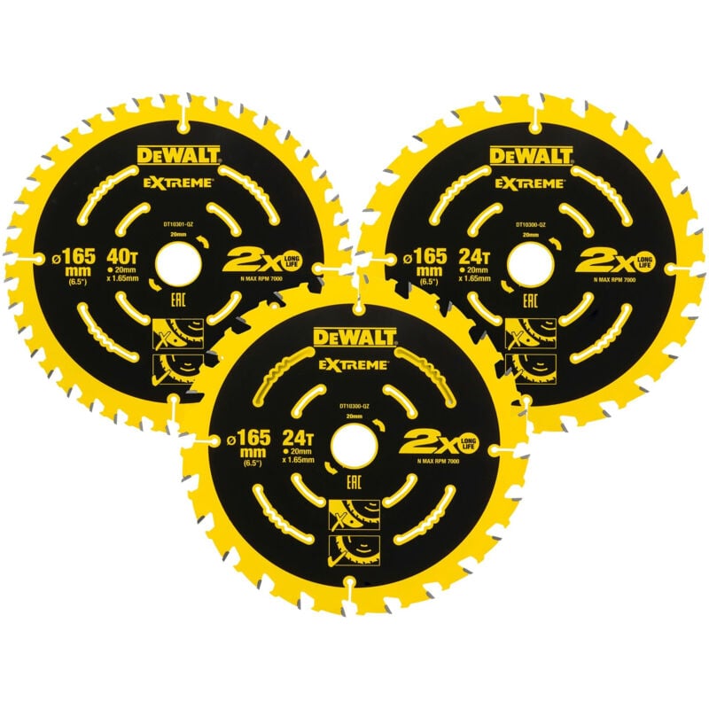 Dewalt Dt10397-Qz Elite Series Lot De 3 Lames De Scie Circulaire 2 X 165 Mm 24 Dents 1 X 165 Mm