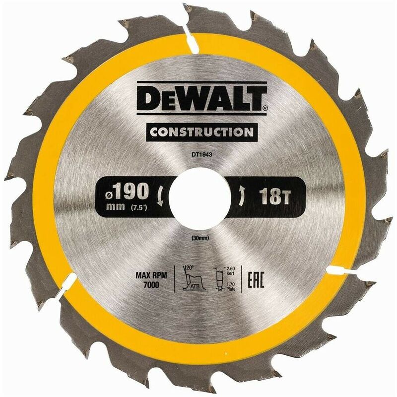 

DEWALT DT1943-QZ - Hoja para sierra circular portátil para construcción 190x30mm 18D ATB +20º