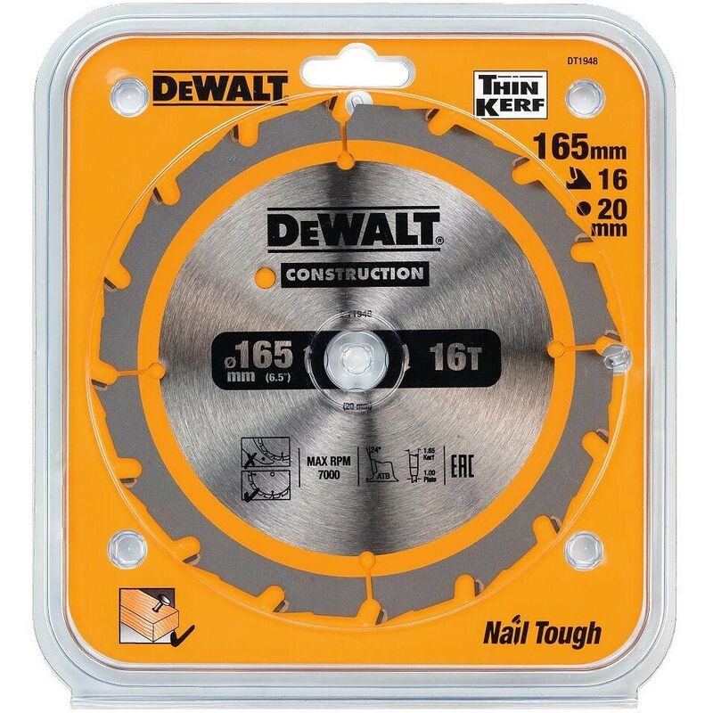 DT1948 Cordless Construction Cordless Circular Saw Blade 165 x 20mm x 16T - Dewalt