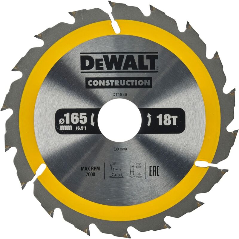 Dewalt - DT1936-QZ Lame de scie circulaire 165x30mm 18T Bois cloué