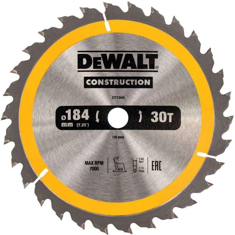 DT1940-QZ lame pour scie circulaire portative pour construction 184 x 16 mm 30D atb + 10E - Dewalt