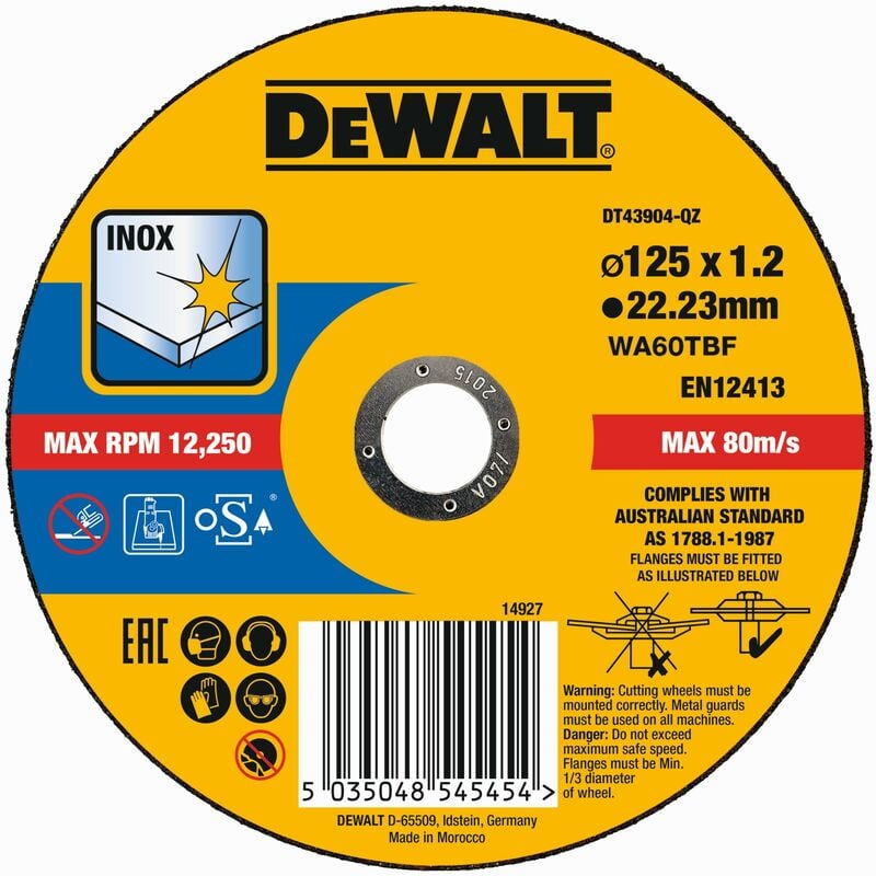 

Dewalt DT43904-QZ Disco de corte plano INOX con grano profesional de óxido de aluminio Thin Cut 125 x 1.2 x 22.23mm