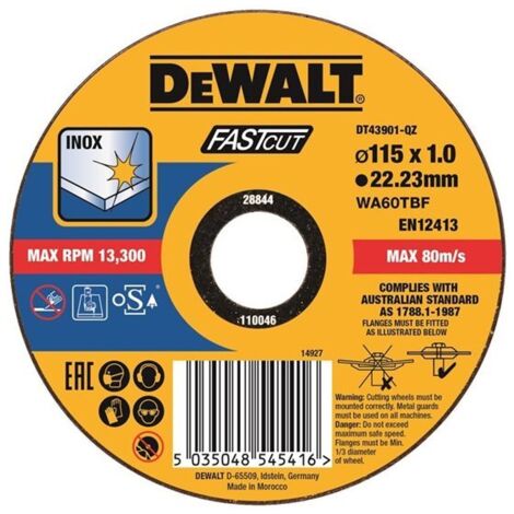 Dewalt DT43905-QZ Disco de corte plano INOX con grano profesional de óxido de aluminio Long Life 115 x 1.6 x 22.23mm