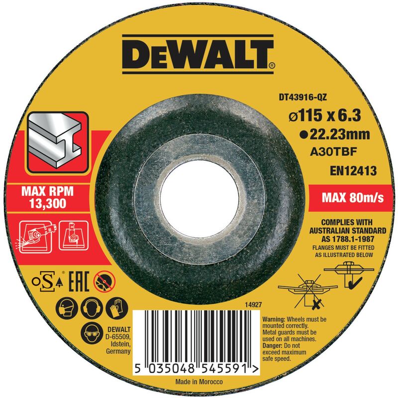 

Dewalt DT43916-QZ Disco de desbaste concavo para metal con grano profesional de óxido de alumínio 115 x 6.3 x 22.23mm