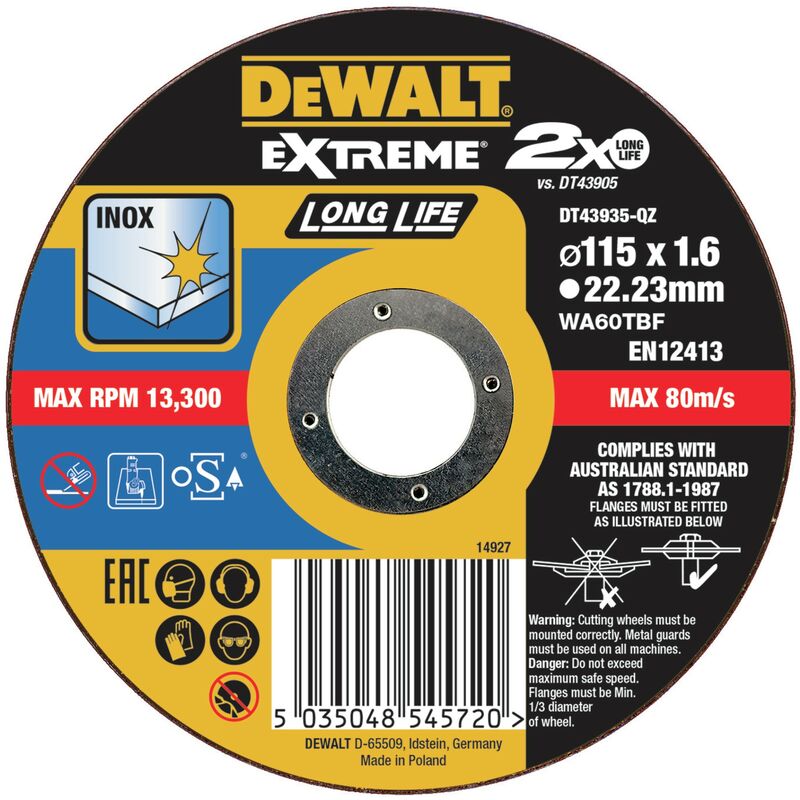 

Dewalt DT43935-QZ Disco de corte plano EXTREME® Long Life para INOX con grano industrial de óxido de aluminio 115 x 1.6 x 22.23mm