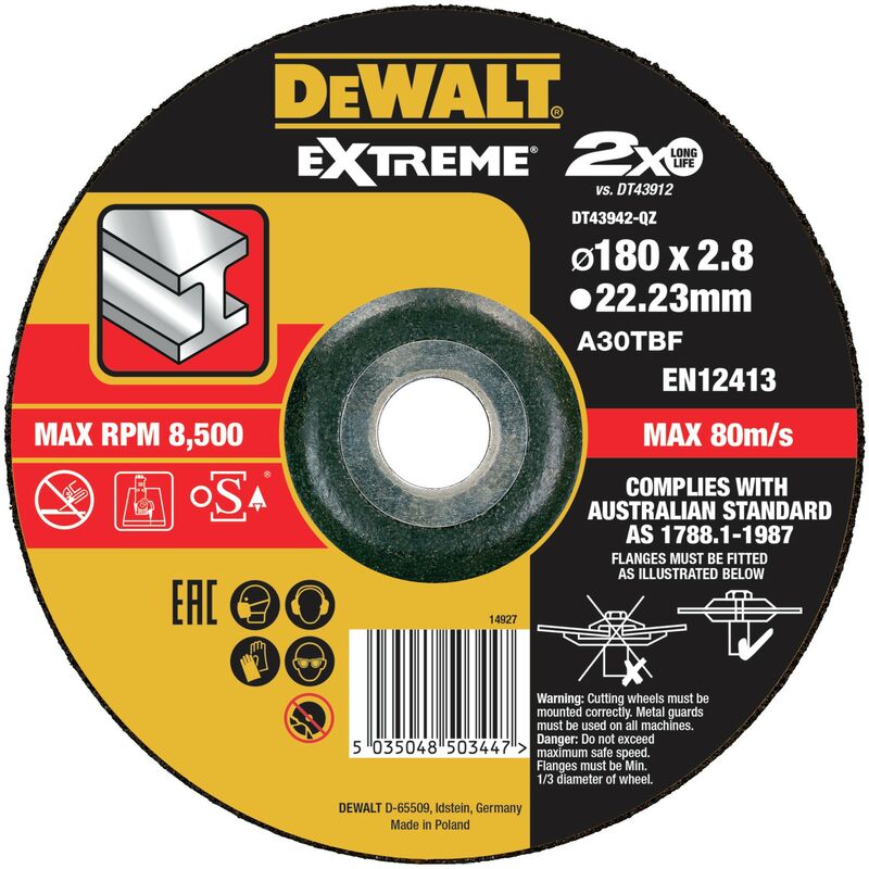 

Dewalt DT43942-QZ Disco de corte concavo EXTREME® para metal con grano industrial de óxido de alumínio 180 x 2.8 x 22.23mm