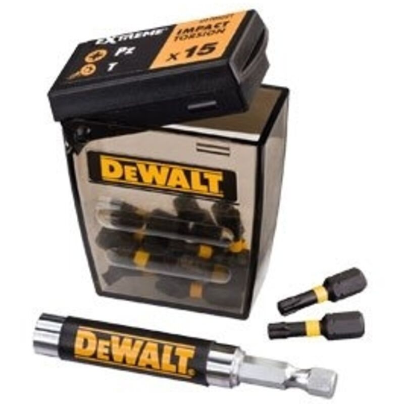 DeWalt DT70522T QZ Set de 16 Pièces d'impact de vissage magnétique Livré avec un guide embouts de vissage Pz2 25 mm x 6 x 3 x T15 T20 3 x guide T25 3. magnétique compact.