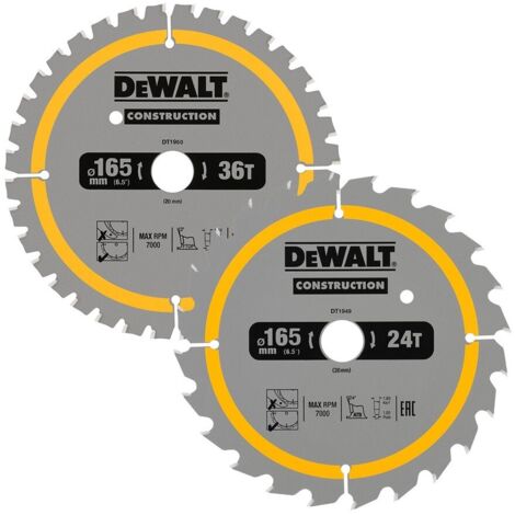 DEWALT DT90270 Construction Circular Saw Blade 2 Pack 165mm x 20mm x 24T/36T