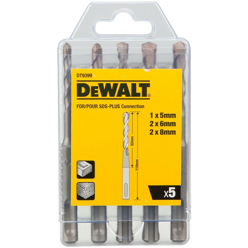 DT9399 5 Piece sds + sds Plus Drill Bit Set 5mm 8mm DT9399-QZ Case - Dewalt