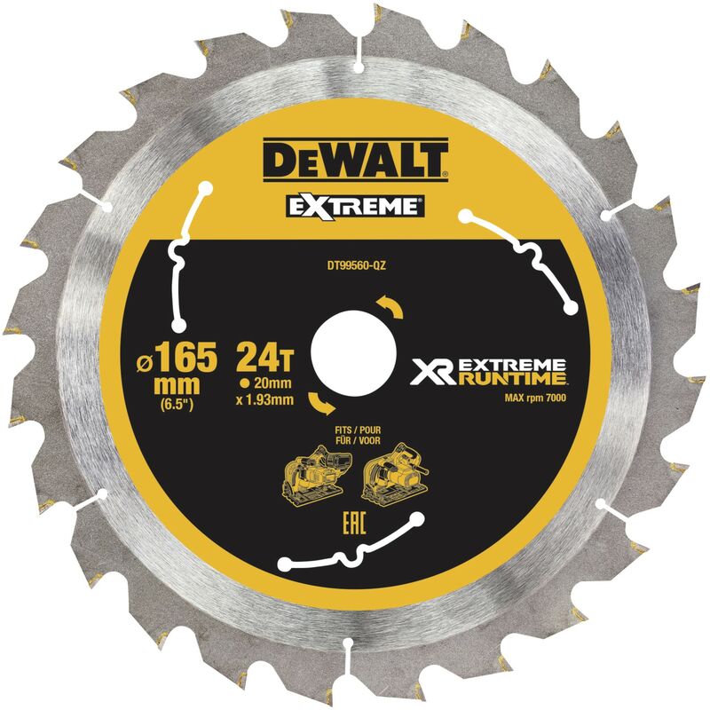 

Dewalt DT99560-QZ Hojas para Sierra Circular portátil XR EXTREME RUNTIME 165mm x 20mm 24D 10°