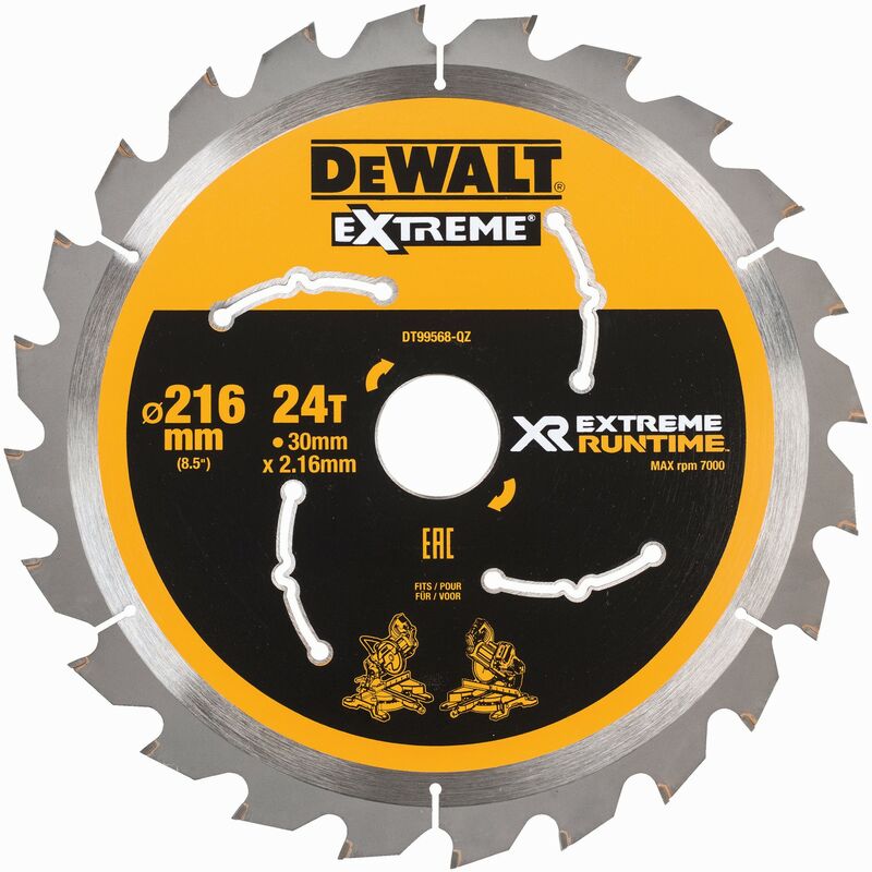 

Dewalt DT99568-QZ Hojas para Sierra Circular Estacionaria XR EXTREME RUNTIME 216mm x 30mm 24D 7º