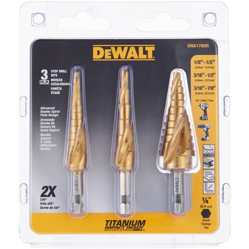 Image of Set di punte per trapano, 3 pezzi, rivestimento in nitruro di titanio, maggiore durata e migliore rimozione dei trucioli (DWA1790IR) - Dewalt