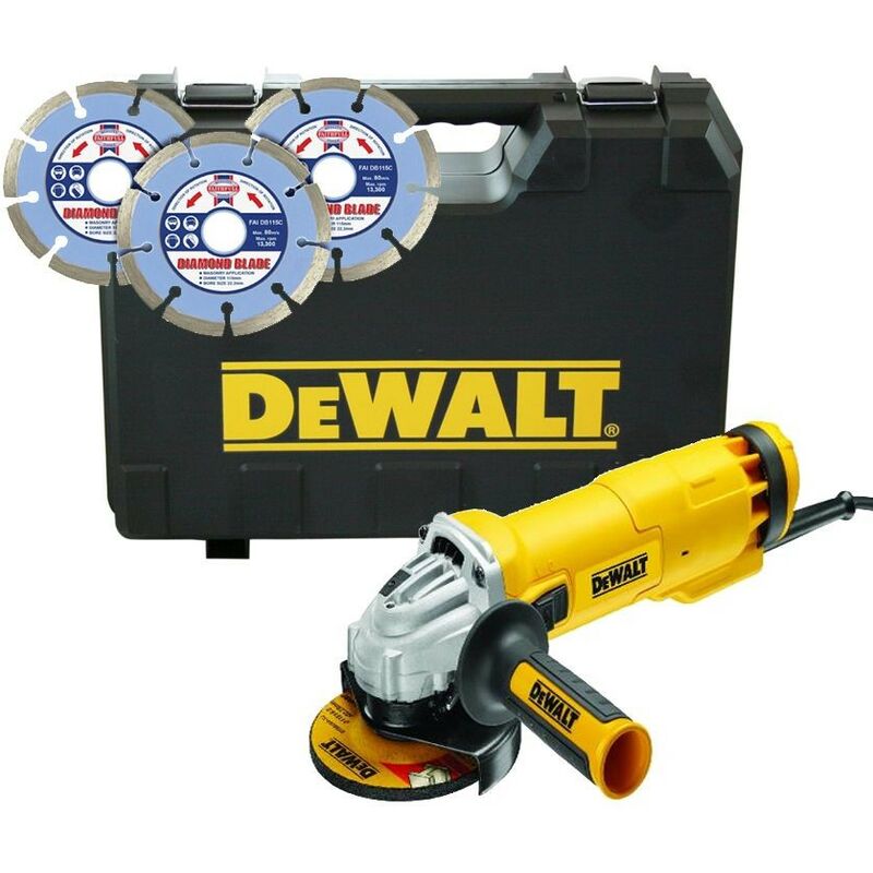 Dewalt - DWE4206K 240v 115mm 4.5in Angle Grinder in Box +3 Piece Diamond Blade Set