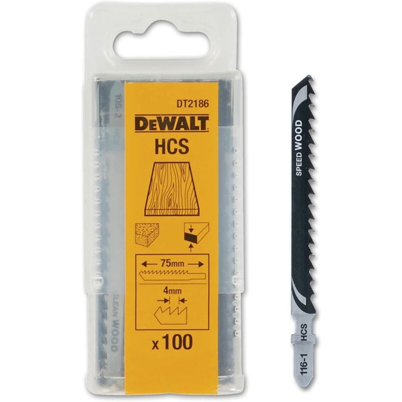 Lames de scie sauteuse hcs pour coupes droites et rapides 100 pièces Dewalt DT2186