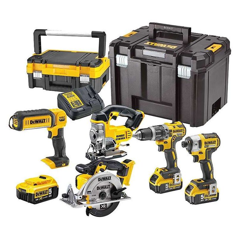 Pack professionnel 5 machines 18V Dewalt 3 batteries Li-Ion 5Ah + chargeur + coffrets Tstak - DCK551P3T