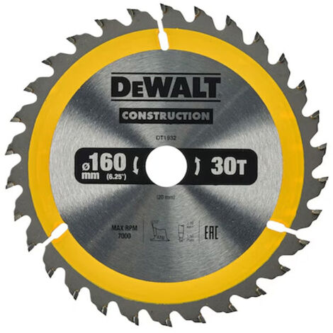 Dewalt – Lame de scie circulaire 160 mm – 30 dents – Pour bois dur et matériaux composites – Construction robuste pour chantiers difficiles
