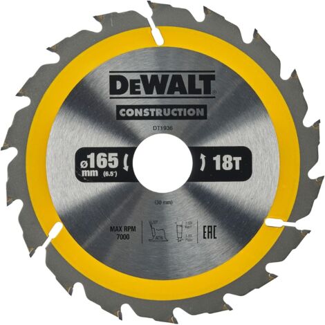 Dewalt – Lame de scie circulaire 165mm 30mm 18 dents – Pour bois dur et composites – Coupe rapide et précise – Dents à biseau supérieur alternatif - DT1936-QZ