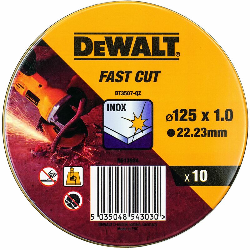 

Dewalt DT3507-QZ Lata con 10 discos de corte de alto desempeño para acero inox 125 x 1 x 22.23mm