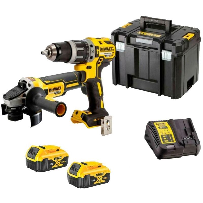 Pack 2 outils xr 18V 5.0 Ah - Perceuse visseuse à percussion DCD796 + meuleuse Ø125 mm DCG405 Dewalt avec 2 batteries 18V 5Ah - chargeur - coffret