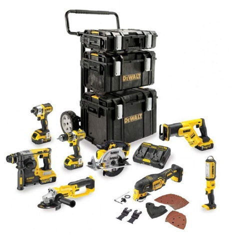 Dewalt – Pack de 4 outils électroportatifs 18V avec 4 batteries 5Ah – Chargeur double inclus – Système de chariot pour transport facile