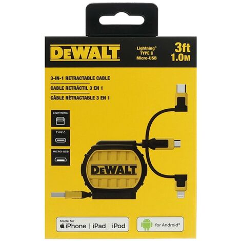 Dewalt Retractable 3ft Phone Android Charger Multi Cable USB Type C