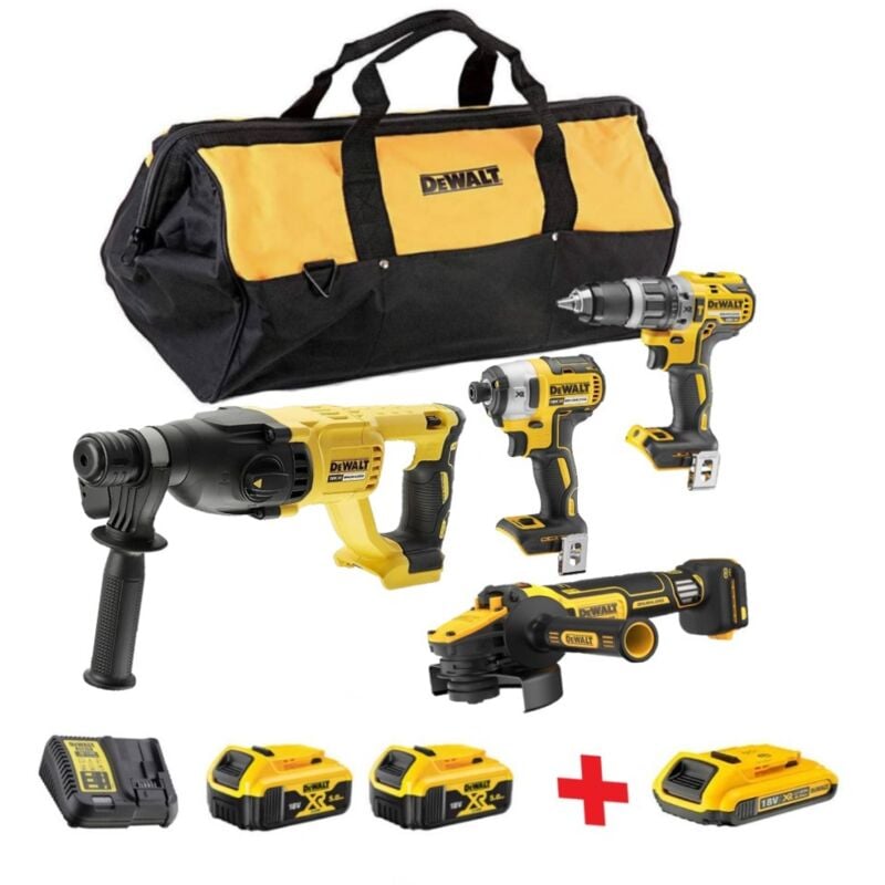 Dewalt – Set 4 - Kit d’outils le bricoleur dans un sac de rangement - Ensemble 4 pièces – DCH133N + DCD796N + DCF887N + DCG405N + 2 Batteries 5,0 AH