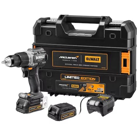 Dewalt Trapano avvitatore a percussione a batteria Dewalt 18V XR (brushless) con 2 batterie Powerstack (18 Volt / 1,7 Ah) con tecnologia della batteria a sacchetto nel design McLaren (DCD85ME2GT-QW)