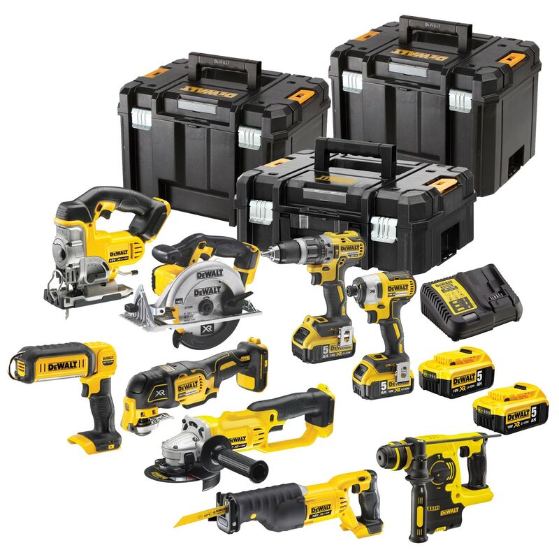 Dewalt XR 18v 9 Piece Brushless Kit + 4 x 5.0Ah Li-Ion Batteries Charger Tstak