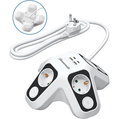 DEWENWILS Steckdosenleiste Einzeln Schaltbar, Mehrfachsteckdose mit 2 USB C + 2 USB A, Überspannungsschutz & Kindersicherung, 3680W/16A, 2m Kabel, Platzsparendes Design für Schreibtisch, Haushalt