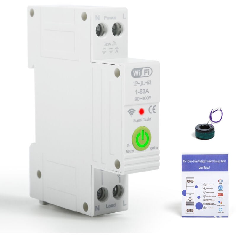 DEWIN 1P 63A WiFi Disjoncteur Intelligent Compteur d'énergie Commutateur de Commande Vocale avec Protection Contre Les Fuites