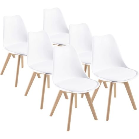 DEWINNER Chaises de Salle à Manger scandinave, Chaise de Bureau rétro, Assise rembourrée en hêtre Massif (Blanc, Lot de 6)