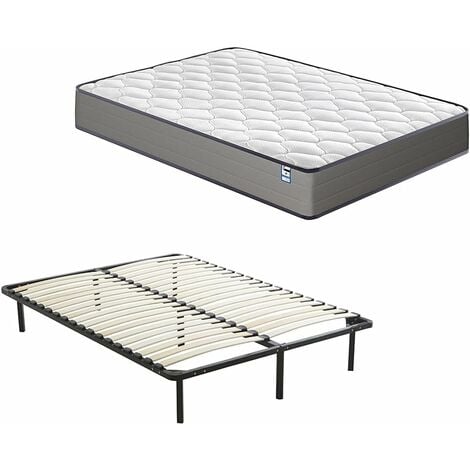 DEWINNER Ensemble Composè:Matelas a Memoire de Forme en Mousse et Ressorts 140x190x20cm Épaisseur Matelas+Sommier à Lattes sur Pieds-7 Pieds Inclus