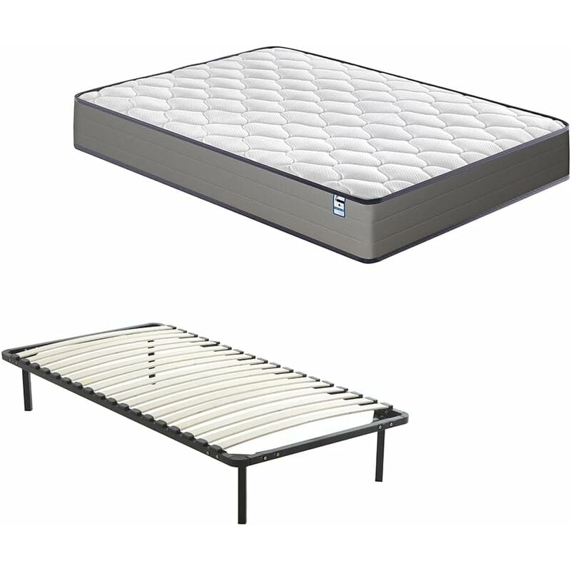 Ensemble Composè:Matelas a Memoire de Forme en Mousse et Ressorts 90x190x20 cm +Sommier à Lattes sur Pieds-4 Pieds Inclus - Dewinner