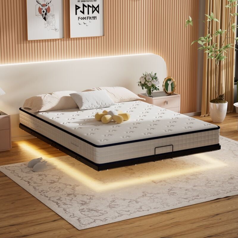 Dewinner - Lit avec led 160x200cm, Hauteur du Métal Cadre de lit 20cm, Lit adulte led, cadre de lit flottant avec lampes led, Lit doub, Noir-sans