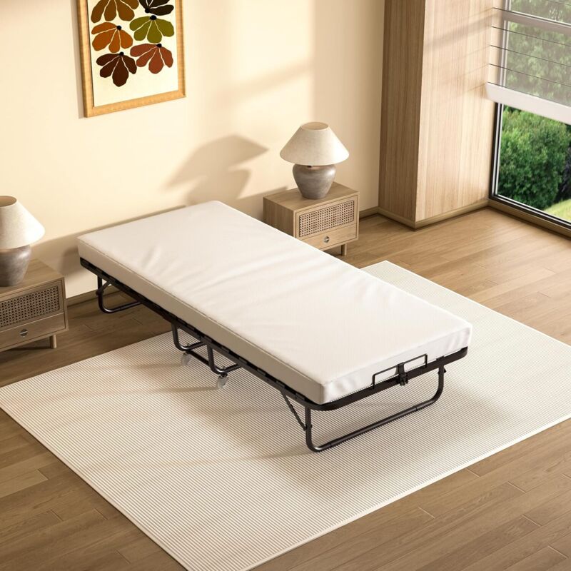 Lit Pliant 80 x 190 cm avec Matelas de 10cm, Lit Pliable 1 Personne Adulte pour Cadre de lit en Sommier 80 x 190, Pliant + 4 Roulettes - Dewinner