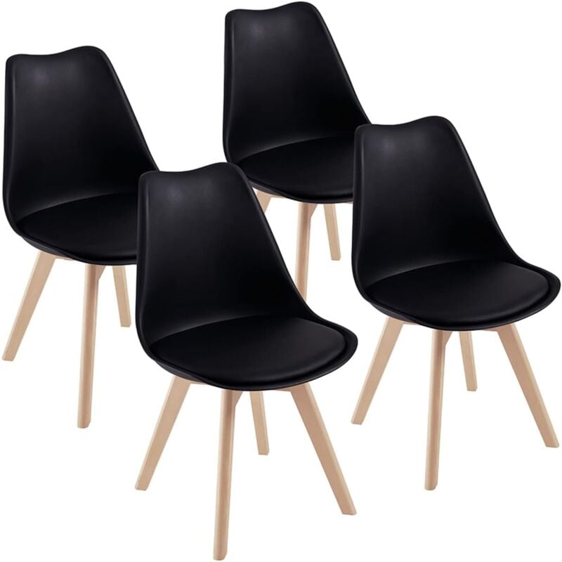Chaises de Salle à Manger scandinave DEWINNER, Chaise de Bureau rétro, Assise rembourrée en hêtre Massif (Noir, Lot de 4)