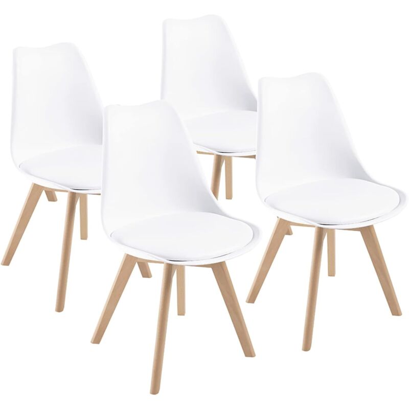 Chaises de Salle à Manger scandinave DEWINNER, Chaise de Bureau rétro, Assise rembourrée en hêtre Massif (Blanc, Lot de 4)