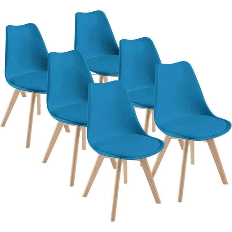 Dewinner - Chaises de Salle à Manger scandinave Lot de 6 Chaise de Bureau rétro, Assise rembourrée en hêtre Massif bleu (Bleu, Lot de 6)