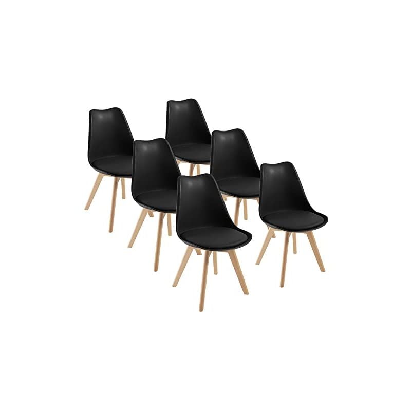 Dewinner - Chaises de Salle à Manger scandinave Chaise de Bureau rétro, Assise rembourrée en hêtre Massif (Noir, Lot de 6)