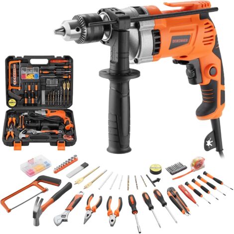 Dewinner – Perceuse à percussion filaire 910W 0-3000 tr/min – Mandrin métallique 13 mm – Pour béton, métal et bois – 115 pièces accessoires inclus