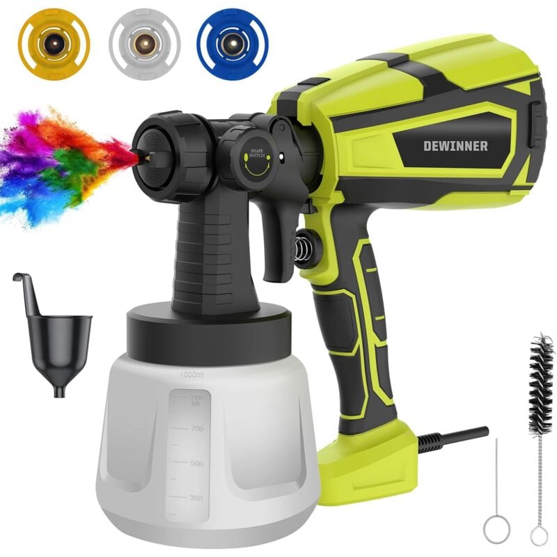 Dewinner - Pistolet a Peinture, Pistolet à Peinture Électrique 600W avec 3 Buses (1.5/2.0/2.5mm), Pistolet électrique, réservoir 1000 ml, pour