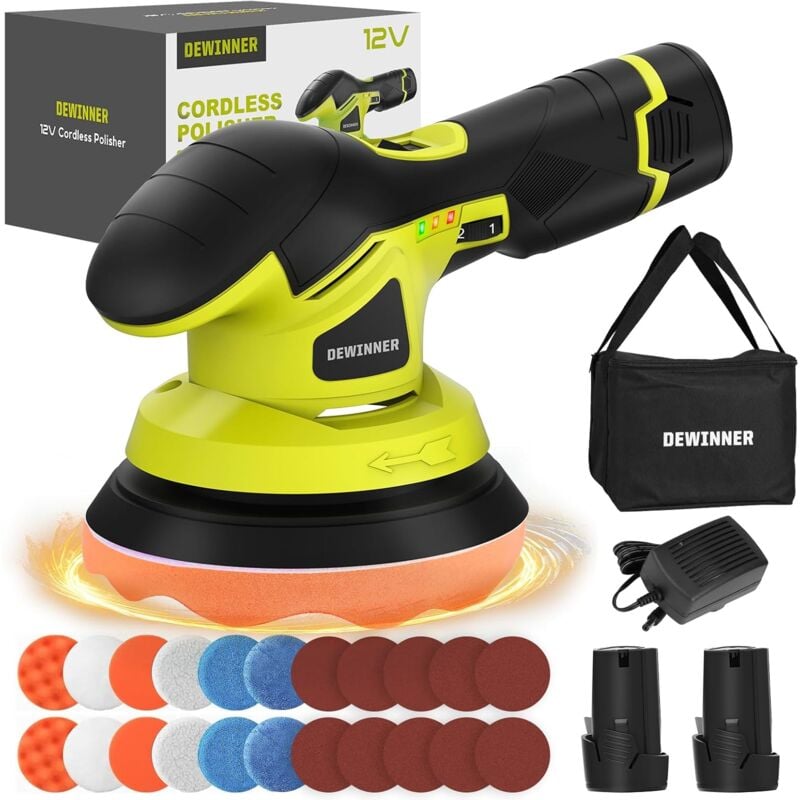 Dewinner - Polisseuse Voiture Professionnelle, Machine à Polir Variable à 6 Vitesses, 2x2A Batterie, Polisseuse électrique Rotative 5000rpm, Pour Le