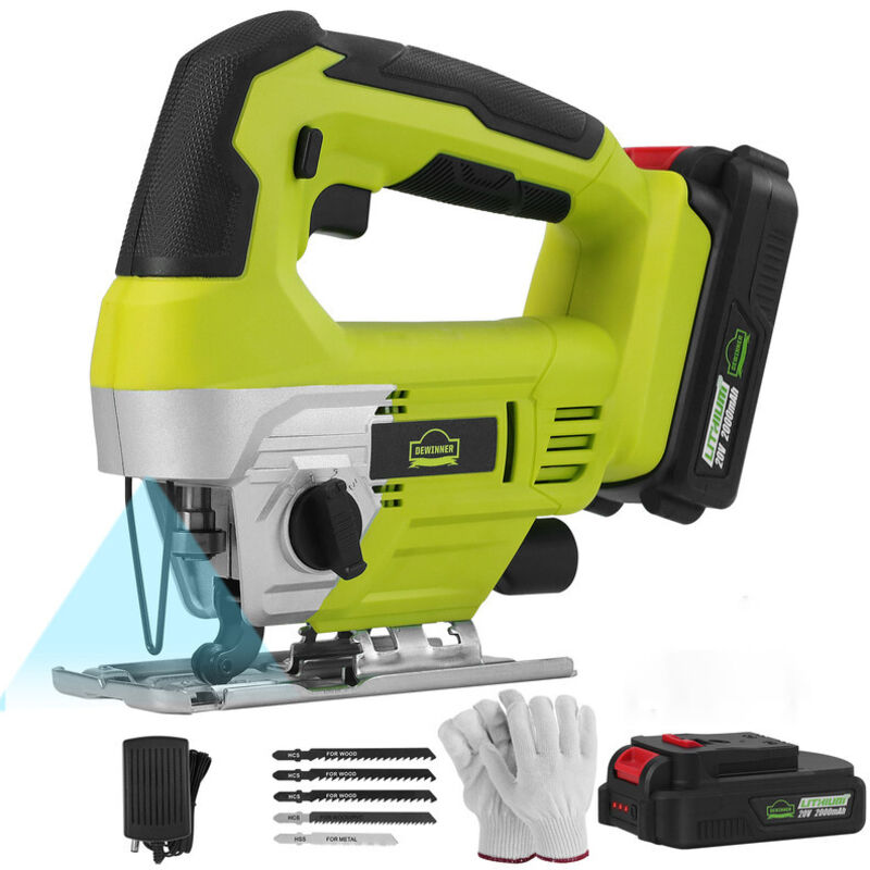 DEWINNER Scie Sauteuse sans fil 20V,vendue avec batterie 2,0 Ah, chargeur et coffret Gants,5pcs lames,Action Orbitale à 4 positions avec Jeu de,