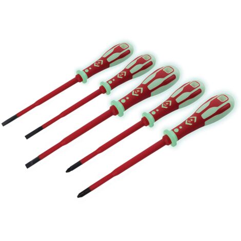 Dextro VDE Slim - Set di cacciaviti elettrici a intaglio/PZ I 5 pezzi, fosforizzante, buona visibilità, realizzato con precisione, versatile, testato VDE, elevato comfort di lavoro 1