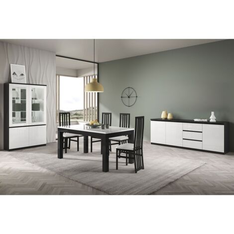 DEYTON - Ensemble Séjour Complet Laqué Noir et Blanc Table 160cm + Buffet + Vitrine avec Leds