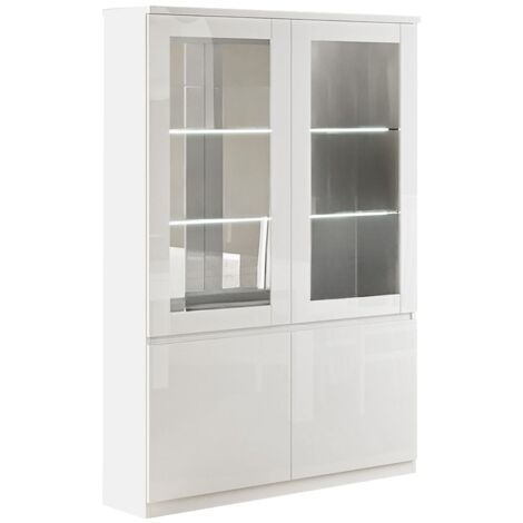 DEYTON - Vitrine 4 Portes Laquée Blanc Brillant avec Leds